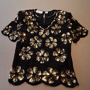 NWOT Vintage Laurence Kazar Black and Gold Floral Sequin Top Size Small